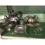 SILVER PLATE PAIR SMALL DISHES, TEAPOT & SUGAR BOWL, BUTTER DISH, TOAST RACK, CHRISTENING MUG &