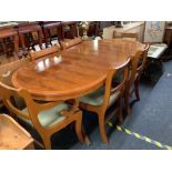 YEW WOOD EXTENDING DINING TABLE WITH TWIN PEDESTAL LEGS, EXTENDS TO 6fT 3'', PLUS 6 MATCHING