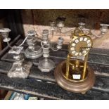 SHELF WITH MISC CANDELABRA & 3 DECORATIVE CLOCKS MINUS GLASS DOMES