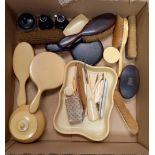 CARTON WITH MISC DRESSING TABLE ITEMS IN CREAM PLASTIC & EBONY HAIRBRUSHES