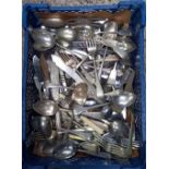 CARTON WITH MISC PLATED & NICKEL TABLEWARE, KNIVES, FORKS,