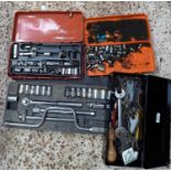 3 BOXED SOCKET SETS & A TIN OF VARIOUS OPEN ENDED SPANNERS & OTHER TOOLS
