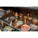 SHELF WITH BRASS COAL HOD, COPPER VASES,