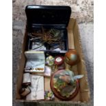 CARTON WITH BLACK METAL CASH BOX WITH HOUSEHOLD KEYS, CLOISONNE STYLE EGG ON STAND,