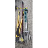 QTY OF GARDEN TOOLS, 2 FORKS, LAWN EDGER,