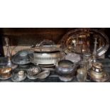 SHELF OF MISC PLATEDWARE & 3 ITEMS OF PEWTER