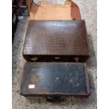 HOME MADE WOODEN TOOL BOX & A VINTAGE CROCODILE SKIN CASE WITH CANVAS PROTECTOR,
