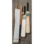 2 CRICKET BATS, A LOUISVILLE SLUGGER SOFT BALL BAT,