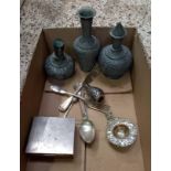 CARTON WITH WHITE METAL VASES, SPOONS & FORKS, CIGARETTE BOX,