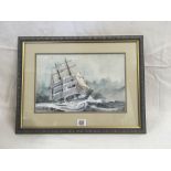 THREE MASTED SAILING SHIP IN HEAVY SEAS, INDISTINCTLY SIGNED,