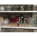 SHELF OF MIXED DRINKING GLASSES, BOWLS, STAINLESS STEEL COCKTAIL SHAKER, BOC SODA SYPHON,