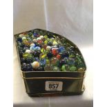 TIN WITH LARGE QTY OF GLASS & OTHER MARBLES