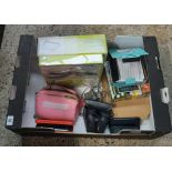 CARTON WITH BOXED LED LIGHTS, FUJI FINE PIX, JV2 52 CAMERA, SALTER WEIGHT SCALE, CUTLERY SET,
