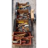 3 CARTONS & A RED PLASTIC TRAY OF MISC HAND TOOLS IN USED CONDITION