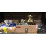 2 CARTONS OF MISC CHINAWARE, COMMEMORATIVE PLATES, BRASS OIL LAMP & PYREX DISHES