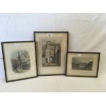 3 ANTIQUE COLOURED ENGRAVINGS, TWO OF VIEWS IN WINCHESTER THE OTHER A VIEW OF LYMINGTON