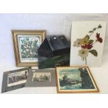 BOX OF ASSORTED PAINTINGS: A VIEW OF A BARN ON SLATE PANEL, STILL LIFE OF FLOWERS ON MILK GLASS