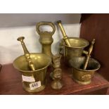 3 HEAVY BRASS MORTAR & PESTLES & 3 HEAVY BRASS WEIGHTS