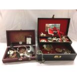 WOODEN BOX WITH POCKET WATCH, LADIES WATCHES, CIGARETTE LIGHTER, NOTE PAD & TRINKET BOX OF COSTUME