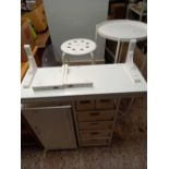 2 METAL WHITE PAINTED TABLES, STOOL, PAIR OF SHELVING UNITS, WHITE STORAGE UNIT WITH DRAWER, A