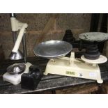 TWO VINTAGE KITCHEN SCALES WITH WEIGHTS, JUICER & 7lb POTATO WEIGHT