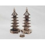 PAIR OF SILVER CHINESE SALT / PEPPERS OF PAGODA DESIGN BY WANG HIN, 1 SCREW FILLER DETACHED, BUT