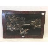 UNUSUAL PAINTED WOOD FRAME JAPANESE 3D PAINTING OF PAGODA, RIVER, TREES ETC