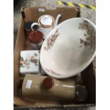 CARTON WITH WASH BOWL, STONEWARE HOT WATER BOTTLE, CHEESE DISH & OTHER CHINAWARE
