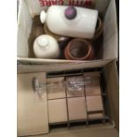 CARTON WITH 3 STONEWARE JARS, 2 STONEWARE HOT WATER BOTTLES & A CARTON OF ROYAL DOULTON LEAD CRYSTAL