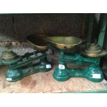 2 GREEN METAL KITCHEN WEIGH SCALES WITH WEIGHTS