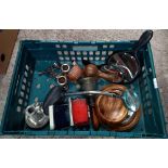 CARTON WITH FLEXI MAGNIFIER, BRASS SCHOOL BELL,HAND MIRRORS, TREEN ITEMS & EVER READY MOTOR MATE