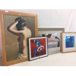 2 LARGE FRAMED SEMI NUDE PRINTS, AN ABSTRACT PRINT & PRINT OF CAPTAIN AMERICA