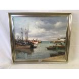 OIL PAINTING ON CANVAS, ''A VIEW OF BATEAUX DE PECHE'' IN BRITTANY, SIGNED SAULIN