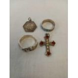 TWO SILVER RINGS, A ST CHRISTOPHER & A CROSS (4)