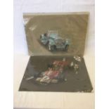 TWO PASTEL DRAWINGS OF RACING CARS INCLUDING A 1939 JAGUAR MODEL SS 100. BOTH SIGNED COLIN BROWN