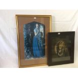 ARCHED TOP COLOUR PRINT OF A LADY IN A BLUE DRESS AND OVAL VICTORIAN PHOTOGRAPH PORTRAIT OF A