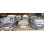 SHELF OF MIXED CHINAWARE INCL; EVESHAM, CAKE STANDS, SOUP TUREEN & OTHER DISHES