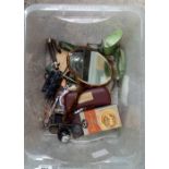 CRATE OF VINTAGE & ANTIQUE COLLECTABLES INCL; CUTLERY, RAILWAY CROSSING & HAND MIRROR