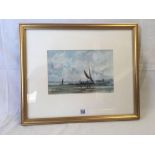 WATERCOLOUR OF BEACHED SAILING BOATS, INDISTINCTLY MONOGRAMMED