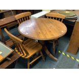 MODERN CIRCULAR PINE BREAKFAST TABLE ON HEAVY PEDESTAL LEGS, 3ft DIA WITH 4 MATCHING STICK BACK PINE