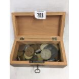 WOODEN TRINKET BOX WITH MISC COINAGE INCL; 1937 WEDDING MEDAL