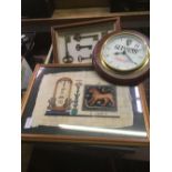 GUINESS CLOCK, FRAMED KEYS & EGYPTIAN PARCHMENT PICTURE