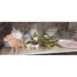 SHELF WITH A LABRADOR DOG, SUGAR SETS, BOWLS, GLASS DISHES & A LARGE CONCH SHELL