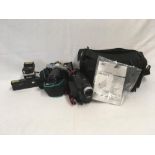 JVC COMPACT VHS RECORDER IN BAG, CANON SV-1 CAMERA WITH 75 - 100mm LENS & HANIMEX SNAPPY CAMERA