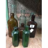 8 VINTAGE GLASS BOTTLES