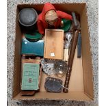 2 CARTONS OF MIXED BRIC-A-BRAC INCL; SINGER SEWING MACHINE KIT, TRUNCHEON ETC