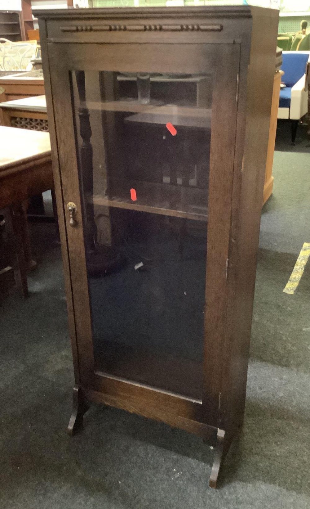 NARROW OAK GLASS FRONTED DISPLAY CABINET