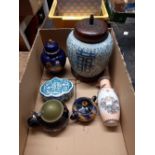CARTON WITH ORIENTAL STYLE LAMP BASE, SMALL VASE, BLUE POTS, 1 WITH LID