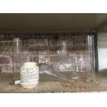 SHELF WITH VARIOUS GLASS CHEMISTRY ITEMS & A BYNOL MALT & OIL JAR