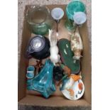 CARTON WITH GLASS VASES, ASHTRAYS, VARIOUS CHINAWARE, DAMAGED ROYAL DOULTON HORSE ON PLAQUE & A